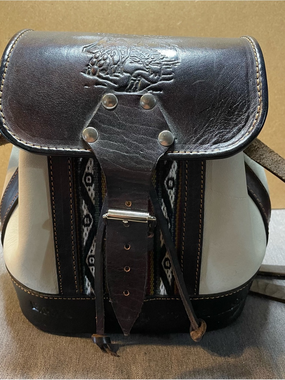 Leather Accent Two-Tone Machu Picchu, Peru Backpack & Coin, Purse Brown & Cream